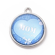 Mother's Day Theme Alloy Glass Pendants, Flat Round with Word, Light Sky Blue, 23.5x20x6mm, Hole: 2mm(FIND-A014-02C)