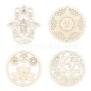 Wooden Bohemian Meditation Energy Symbol Cup Mats, Hollowed Out Coasters, Also as Pendant Decoration, Lemon Chiffon, Coaster: 150~167x140~150x2.5mm, Hole: 3mm, 4pcs/set(DJEW-WH0034-65B)