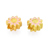 Alloy Enamel European Beads, Large Hole Beads, Matte Style, Sunflower with Smiling Face, Matte Gold Color, 13.5x13x8.5mm, Hole: 5mm(FIND-G035-28MG)