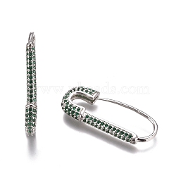 Brass Hoop Earrings, with Rhinestone, Safety Pin Shape, Platinum, Green, 26~26.5x10~11x3mm, Pin: 0.8mm(EJEW-K085-04P)