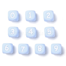 Silicone Beads, for Bracelet or Necklace Making, Arabic Numerals Style, Light Sky Blue Cube,  Random Mixed Num, 10x10x10mm, Hole: 2mm(SIL-TAC001-02C-M)