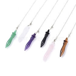 Natural Mixed Gemstone Pointed Dowsing Pendulums, with Platinum Plated Brass Cable Chain, Bullet, 250mm(G-K305-C-P)