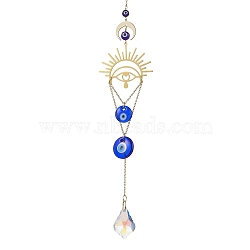 Sun Brass & Handmade Lampwork Evil Eye Hanging Ornaments, Glass Leaf Tassel for Home Decoration, Blue, 266x48mm, Hole: 8mm(HJEW-JM02024)