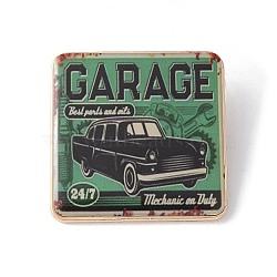 Square with Car Retro Alloy Brooches for Backpack Clothes, Medium Sea Green, 34.5x34.5mm(JEWB-A032-02A)