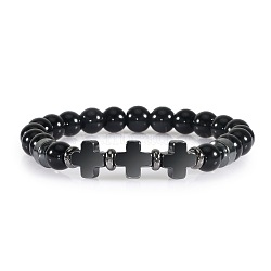 Round Natural Obsidian Beaded Stretch Bracelets, Cross Synthetic Non-magnetic Hematite Bracelets for Women Men(ED3000-2)