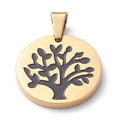 Ion Plating(IP) 304 Stainless Steel Pendants, with Enamel, Manual Polishing, Flat Round with Tree, Golden, 25x3mm, Hole: 7.5x5mm(STAS-Z027-02E-G)