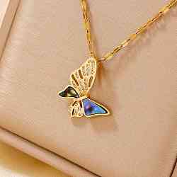 Hollow Out Brass Clear Cubic Zirconia Butterfly Pendant Necklaces, with Paua Shell, Golden, 15.75 inch(40cm)(QX3520-1)