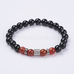 Natural Carnelian(Dyed & Heated) & Black Obsidian & Cubic Zirconia Beaded Stretch Bracelet, Gemstone Jewelry for Women, Inner Diameter: 2~2-1/8  inch(5~5.3cm)(BJEW-P188-06A-01)