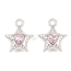 Y2K Style Alloy & Glass Pendants, Star with Faceted Heart Charm, Silver, Long-Lasting Plated, Rack Plating, Pink, 20x17x6.5mm, Hole: 2.3mm(GL-CBA1FD3-01S-01)