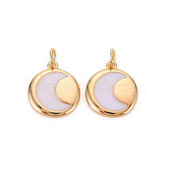 Brass Enamel Pendants, Nickel Free, Real 18K Gold Plated, Flat Round with Moon, Lavender, 16x13.5x2mm, Hole: 3mm(KK-S356-588C-NF)