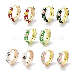 Real 18K Gold Plated Brass Enamel Flower Print Hoop Earrings for Women, Mixed Color, 20x5.5mm(EJEW-L269-118G)