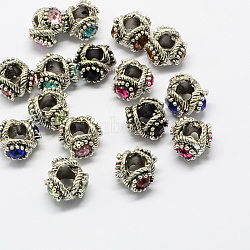 Alloy Rhinestone European Beads, Large Hole Beads, Antique Silver, Mixed Color, 12x13x8~9mm, Hole: 5mm(MPDL-R036-10)