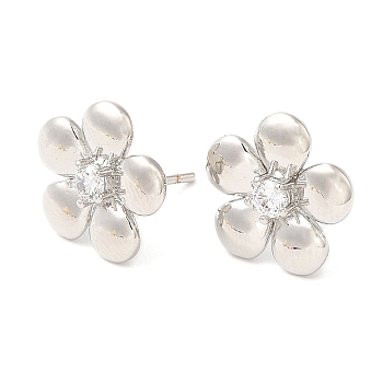 Brass Flower Stud Earrings with Clear Cubic Zirconia, Lead Free & Cadmium Free, Platinum, 13x13.5mm
