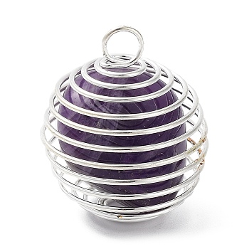 Natural Amethyst Lantern Pendants, Oval Charms, with Platinum Plated Alloy Cage Findings, 30x25mm