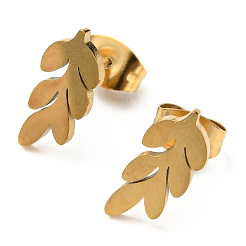 Ion Plating(IP) 201 Stainless Steel Leaf Stud Earrings with 304 Stainless Steel Pin, Real 18K Gold Plated, 13x6mm