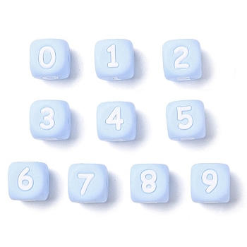 Silicone Beads, for Bracelet or Necklace Making, Arabic Numerals Style, Light Sky Blue Cube,  Random Mixed Num, 10x10x10mm, Hole: 2mm