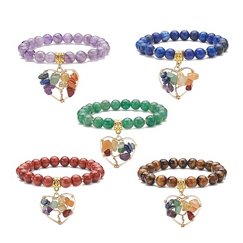 5Pcs 5 Style Natural & Synthetic Mixed Gemstone Stretch Bracelets Set, Yoga Chakra Gemstone Chips Heart with Tree Charms Bracelets for Women, Inner Diameter: 2-1/8 inch(5.4cm), 1Pc/style