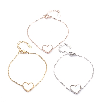 304 Stainless Steel Heart Link Bracelets, with Natural Shell and Lobster Claw Clasps, White, Mixed Color, 7 inch(17.8cm)