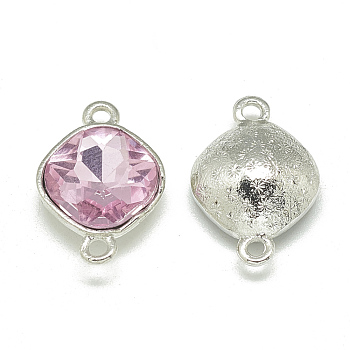 Alloy Glass Links connectors, Faceted, Rhombus, Platinum, Pearl Pink, 22x15x7mm, Hole: 2mm