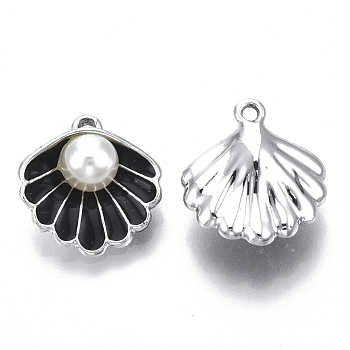 Alloy Pendants, with ABS Plastic Imitation Pearl & Enamel, Shell with Pearl, Platinum, Black, 16x15x7mm, Hole: 1.5mm