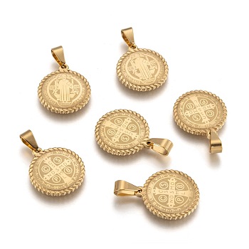 304 Stainless Steel Pendants, Flat Round with Saint Benedict Medal, Golden, 22x19x3mm, Hole: 4x7mm