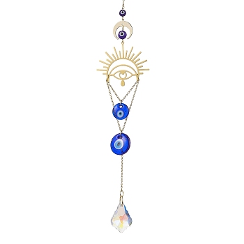 Sun Brass & Handmade Lampwork Evil Eye Hanging Ornaments, Glass Leaf Tassel for Home Decoration, Blue, 266x48mm, Hole: 8mm