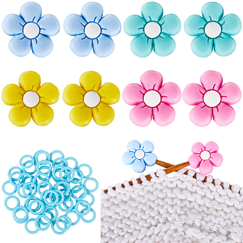 8Pcs 4 Colors Flower Silicone Beads Knitting Needle Protectors/Knitting Needle Stoppers, with 50Pcs Plastic Knitting Stitch Marker Rings, Mixed Color, 11.5~26x11.5~27x1~10mm, Hole: 2mm