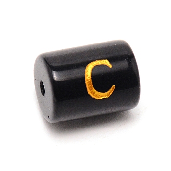 Painted Glass Beads, Black Column with Gold Letter, Letter.C, 13.7x10mm, Hole: 1.5mm