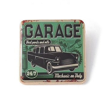 Square with Car Retro Alloy Brooches for Backpack Clothes, Medium Sea Green, 34.5x34.5mm