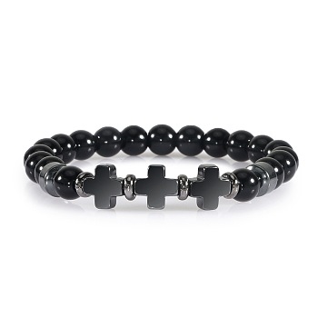 Round Natural Obsidian Beaded Stretch Bracelets, Cross Synthetic Non-magnetic Hematite Bracelets for Women Men