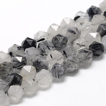 Natural Black Rutilated Quartz Beads Strands, Star Cut Round Beads, Faceted, 8~10x7~8mm, Hole: 1mm, about 48pcs/strand, 15.3 inch