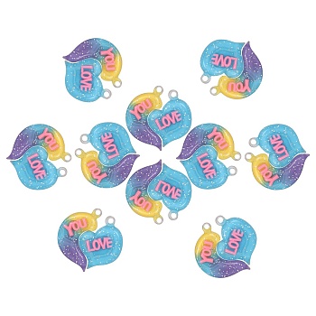 10 Sets Gradient Color Opaque Resin Pendants, with Glitter Powder, Couple Heart Charm with Word LOVE YOU, Gold, 39x38.5x5.5mm, Hole: 3.5mm, 2pcs/set