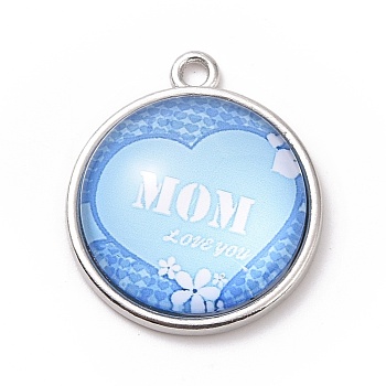 Mother's Day Theme Alloy Glass Pendants, Flat Round with Word, Light Sky Blue, 23.5x20x6mm, Hole: 2mm