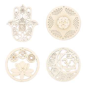 Wooden Bohemian Meditation Energy Symbol Cup Mats, Hollowed Out Coasters, Also as Pendant Decoration, Lemon Chiffon, Coaster: 150~167x140~150x2.5mm, Hole: 3mm, 4pcs/set