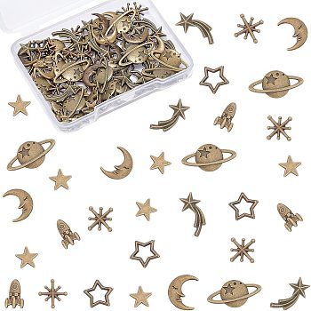 Olycraft Zinc Alloy Links & Zinc Alloy Cabochons, Open Back Bezel, for DIY UV Resin, Epoxy Resin, Pressed Flower Jewelry, Star/Rocket/Moon, Antique Bronze, 112pcs/box