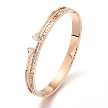 304 Stainless Steel Bangles, with Rhinestone and Natural Shell, Fan, Rose Gold, Inner Diameter: 2x2-1/4 inch(5.1x5.8cm)