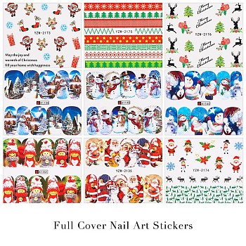 Christmas Series Nail Art Full-Cover Sticker, Mixed Santa Claus Snowman Deer Nail Art Wrap, for Women Girls Winter Nails Decorations, Mixed Color, 6.2x5.4cm