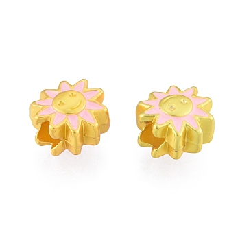 Alloy Enamel European Beads, Large Hole Beads, Matte Style, Sunflower with Smiling Face, Matte Gold Color, 13.5x13x8.5mm, Hole: 5mm