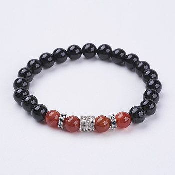 Natural Carnelian(Dyed & Heated) & Black Obsidian & Cubic Zirconia Beaded Stretch Bracelet, Gemstone Jewelry for Women, Inner Diameter: 2~2-1/8  inch(5~5.3cm)