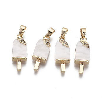 Brass Clear Cubic Zirconia Pendants, with Acrylic and Brass Snap on Bails, Ice Lolly, Creamy White, Real 18K Gold Plated, 21x8x4mm, Hole: 4x3mm