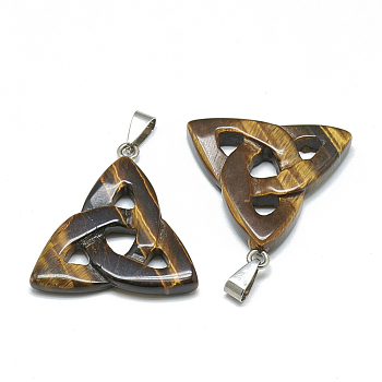 Natural Tiger Eye Pendants, with Stainless Steel Snap On Bails, Trinity Knot/Triquetra, Irish, 23~40x33~38x5~7mm, Hole: 6x4mm