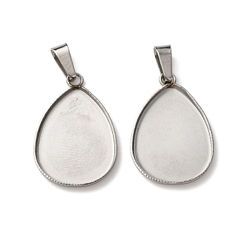 304 Stainless Steel Pendant Cabochon Settings, Teardrop, Stainless Steel Color, Tray: 13.5x18.5mm, 22x14.5x1.5mm, Hole: 3.5x6.5mm