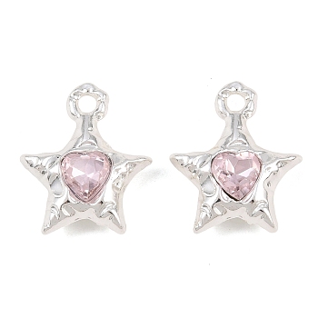 Y2K Style Alloy & Glass Pendants, Star with Faceted Heart Charm, Silver, Long-Lasting Plated, Rack Plating, Pink, 20x17x6.5mm, Hole: 2.3mm