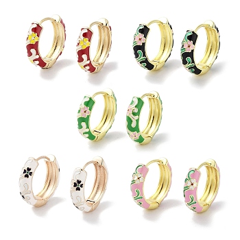 Real 18K Gold Plated Brass Enamel Flower Print Hoop Earrings for Women, Mixed Color, 20x5.5mm