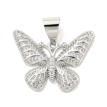 Brass Micro Pave Clear Cubic Zirconia Pendants, Butterfly, Platinum, 22x28.5x3mm, Hole: 8x5mm