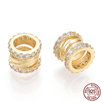925 Sterling Silver Micro Pave Cubic Zirconia Beads, Hollow Column, Nickel Free, Real 18K Gold Plated, 8x7mm, Hole: 5mm