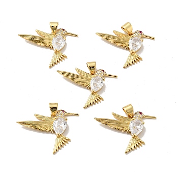 Bird Brass Micro Pave Clear Cubic Zirconia Pendants, Cadmium Free & Nickel Free & Lead Free, Real 18K Gold Plated, 19.5x27.5x4mm, Hole: 3.2x4.7mm