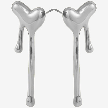 1 Pair Stylish Heart Tassel 304 Stainless Steel Stud Earrings for Women, Left and Right, Silver, 47x17mm