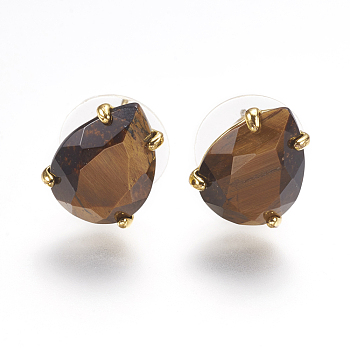 Natural Tiger Eye Stud Earrings, with Golden Tone Brass Findings, Faceted Teardrop, 13.5~14x10.5mm, Pin: 0.8mm