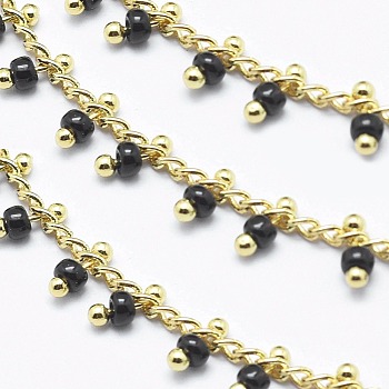 3.28 Feet Handmade Glass Beaded Chains, Soldered, Brass Chain, Golden, Long-Lasting Plated, Black, 6x2mm, Chain: about 2mm wide